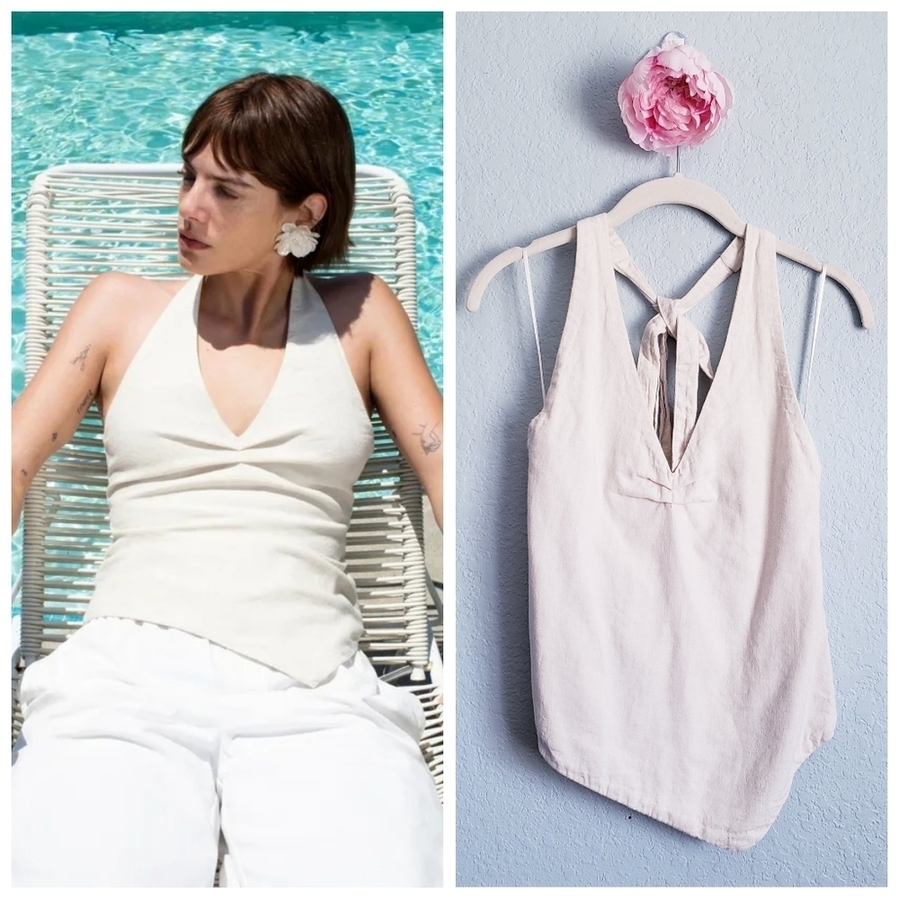Zara Natural Linen Cotton Blend Asymmetrical Halter Top